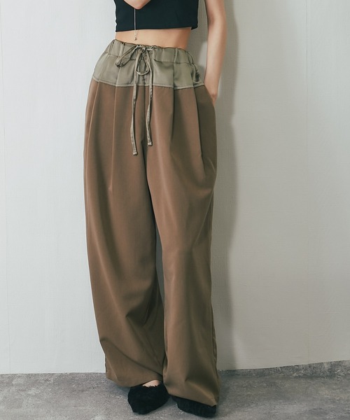 T/R/Puツイルxヴィンテージサテン切替タックパンツ（その他パンツ