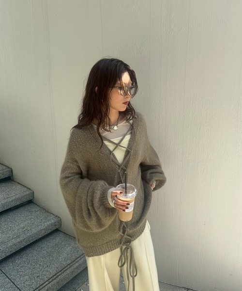 Ameri（アメリ）の「BACK OPEN LACE UP KNIT TOP（ニット/セーター