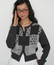 DOT STRIPE MIX KNIT CARDIGAN DARK GREY
