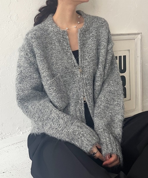 セール】ミックスヤーン ダブルジップニットカーディガン