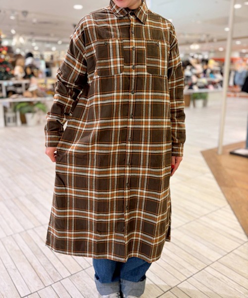 OLD BETTY'S（オールドベティーズ）の「Flannel Check Shirts One-piece（ワンピース・レディース・ネイビー/ブラウン・FREE）」の7枚目の写真