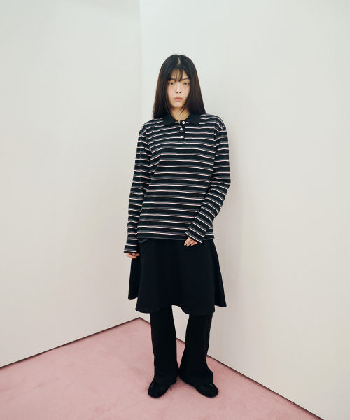 MIHEV(ミヘブ)の「ストライプラグビー襟ロングスリーブブラックピンク(ポロシャツ・レディース・その他・FREE)」の5枚目の写真