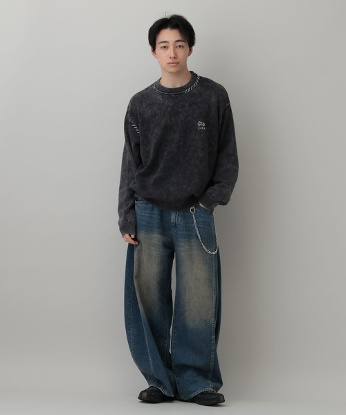 セール】Pigment Handstitch Motif Knit / ピグメント加工ハンド