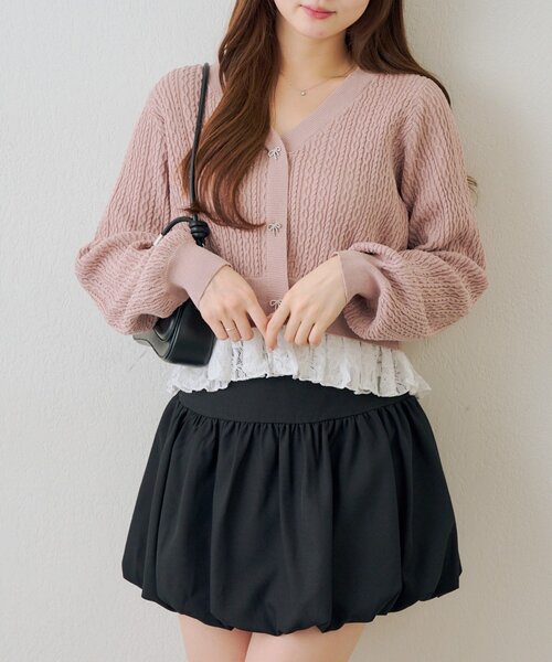 continuer de NICE CLAUP（コンティニューデナイスクラップ）の「裾レースリボン釦カーディガン（カーディガン/ボレロ・レディース・ネイビー/イエロー/ピンク/オフホワイト/レッド/サックスブルー・FREE）」の17枚目の写真