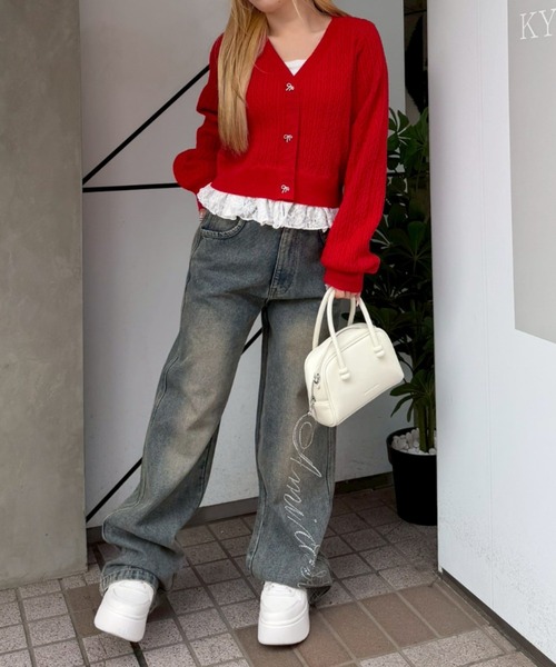 continuer de NICE CLAUP（コンティニューデナイスクラップ）の「裾レースリボン釦カーディガン（カーディガン/ボレロ・レディース・ネイビー/イエロー/ピンク/オフホワイト/レッド/サックスブルー・FREE）」の7枚目の写真