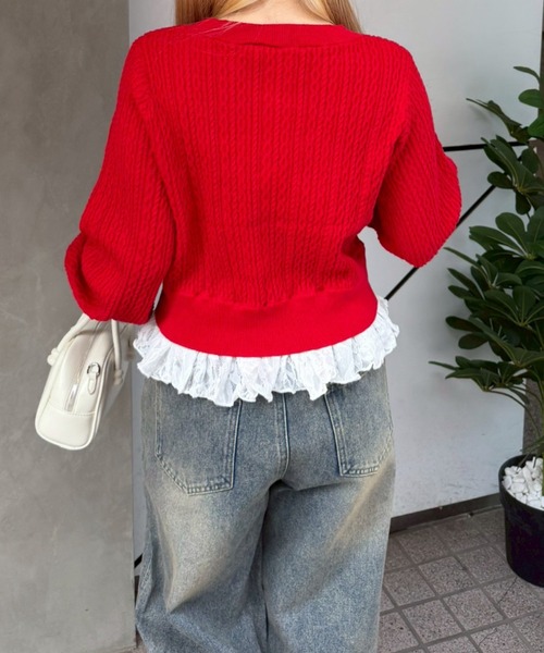 continuer de NICE CLAUP（コンティニューデナイスクラップ）の「裾レースリボン釦カーディガン（カーディガン/ボレロ・レディース・ネイビー/イエロー/ピンク/オフホワイト/レッド/サックスブルー・FREE）」の9枚目の写真