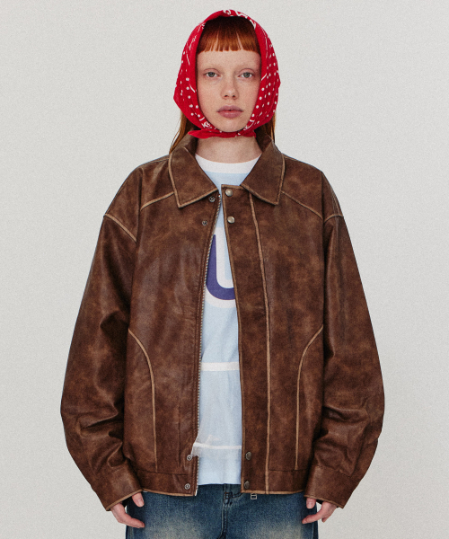セール】Vintage washed leather jumper_Brown（ライダースジャケット