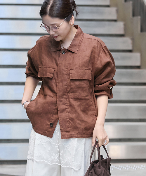 JOURNAL STANDARD(ジャーナルスタンダード)の「《追加》リネンミリタリージャケット(ミリタリージャケット・レディース・ブラック/カーキ/ブラウン・FREE)」の1枚目の写真