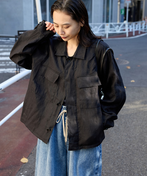 JOURNAL STANDARD(ジャーナルスタンダード)の「《追加》リネンミリタリージャケット(ミリタリージャケット・レディース・ブラック/カーキ・FREE)」の2枚目の写真