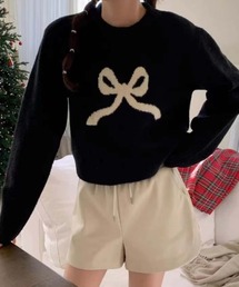 クルーネックフロントリボン ニット
