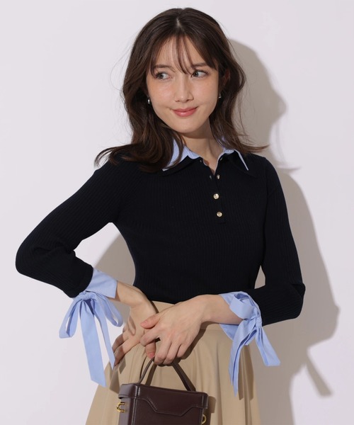 Apuweiser-riche（アプワイザーリッシェ）の「袖リボンスキッパーリブニット（ニット/セーター・レディース・グレイッシュベージュ/ネイビー・2）」の3枚目の写真