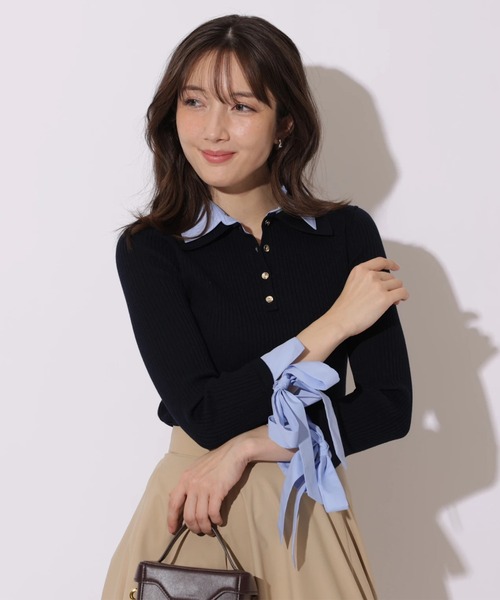 Apuweiser-riche（アプワイザーリッシェ）の「袖リボンスキッパーリブニット（ニット/セーター・レディース・グレイッシュベージュ/ネイビー・2）」の5枚目の写真