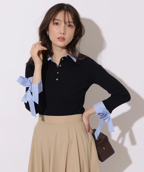 Apuweiser-riche（アプワイザーリッシェ）の「袖リボンスキッパーリブニット（ニット/セーター・レディース・グレイッシュベージュ/ネイビー・2）」の12枚目の写真