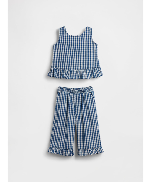 GAP（ギャップ）の「ギンガムチェック デニム 裾ラッフルフリル コーデセット (幼児・ベビー)（セットアップ・キッズ・ネイビー×ホワイト・90cm/105cm/100cm/95cm/80ｃｍ/70cm/110cm）」の2枚目の写真