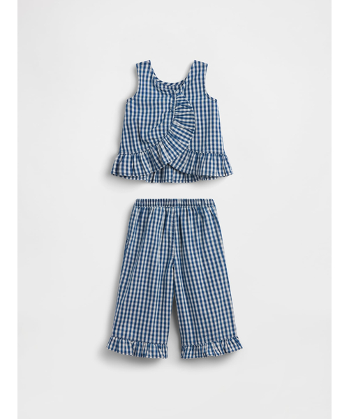 GAP（ギャップ）の「ギンガムチェック デニム 裾ラッフルフリル コーデセット (幼児・ベビー)（セットアップ・キッズ・ネイビー×ホワイト・90cm/105cm/100cm/95cm/80ｃｍ/70cm/110cm）」の3枚目の写真