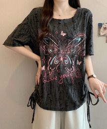 バタフライプリント ダメージデザイントップス