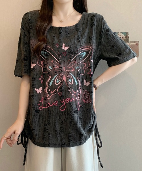 2ly2（トゥーリートゥー）の「バタフライプリント ダメージデザイントップス（Tシャツ/カットソー・レディース・グレー/ベージュ・FREE）」の5枚目の写真