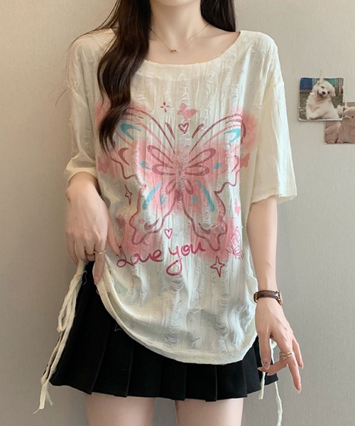 2ly2（トゥーリートゥー）の「バタフライプリント ダメージデザイントップス（Tシャツ/カットソー・レディース・グレー/ベージュ・FREE）」の17枚目の写真