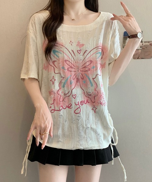 2ly2（トゥーリートゥー）の「バタフライプリント ダメージデザイントップス（Tシャツ/カットソー・レディース・グレー/ベージュ・FREE）」の20枚目の写真