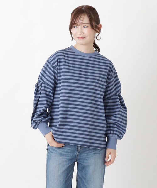 one'sterrace(ワンズテラス)の「ツイストスリーブ 長袖ボーダープルオーバー(Tシャツ/カットソー・レディース・ブラック系8/グレー系4/ブルー系その他7・02)」の3枚目の写真