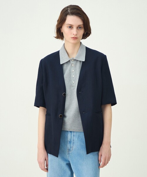 MACPHEE(マカフィー)の「リネンレーヨンツイル ハーフスリーブジャケット(ノーカラージャケット・レディース・ネイビー・34/36)」の3枚目の写真