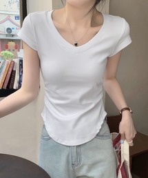 VネックTシャツ 半袖 コンパクト ショート丈 ストレッチ サイドギャザー カットソー