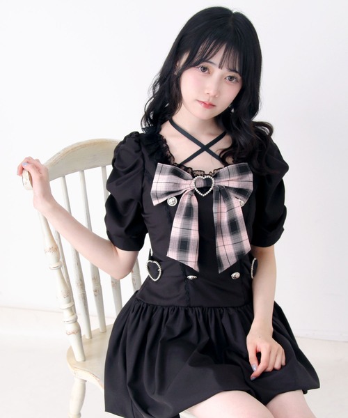 DearMyLove姫系キラキラビジューリボンレースアップバルーンワンピース 姫系キラキラビジューハートリボンレースアップバルーンワンピース