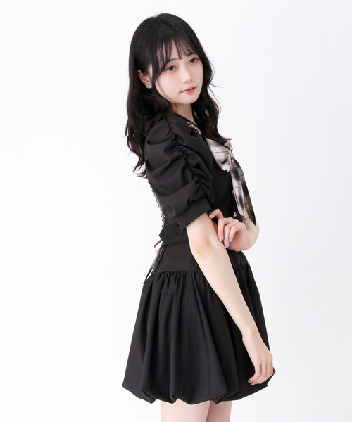 姫系キラキラビジューハートリボンレースアップバルーンワンピース