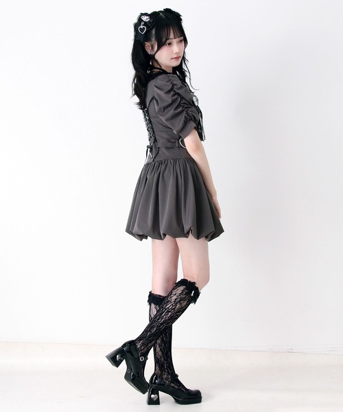 姫系キラキラビジューハートリボンレースアップバルーンワンピース