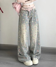 フラワープリントウォッシュワイドデニムワイドパンツ