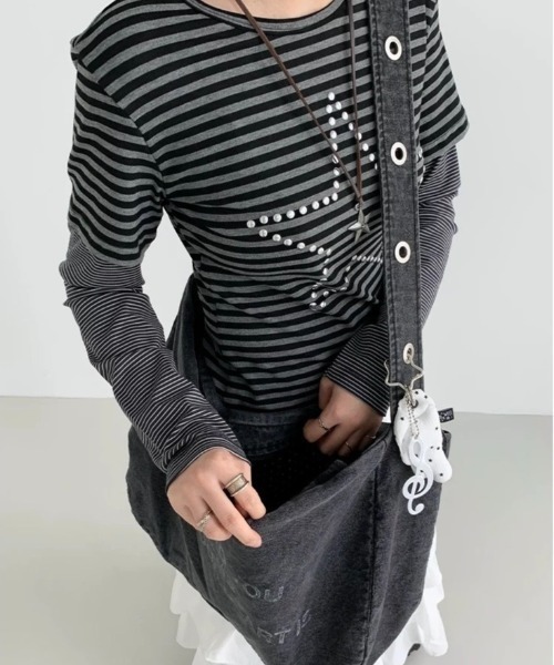 almo(アルモ)の「【LAMPOON】ボーダーレイヤードT(Tシャツ/カットソー・レディース・グレー・SMALL/LARGE/MEDIUM)」の7枚目の写真