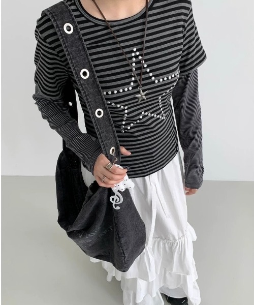 almo(アルモ)の「【LAMPOON】ボーダーレイヤードT(Tシャツ/カットソー・レディース・グレー・SMALL/LARGE/MEDIUM)」の9枚目の写真