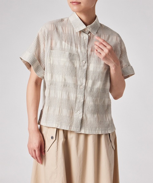 PS Paul Smith（ピーエスポールスミス）の「ウィメンズ ワッシャーチェック シアー シャツ / 165353 SH284（シャツ/ブラウス・レディース・オフホワイト/ライトブルー・40/38）」の7枚目の写真