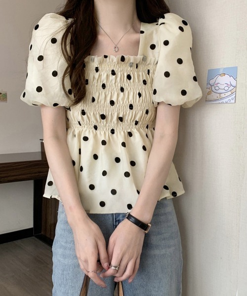 Miniministore(ミニミニストア)の「ドット柄シャーリングブラウス レディース(シャツ/ブラウス・レディース・イエロー×グリーン/アイボリー/ライトカーキ・FREE)」の12枚目の写真