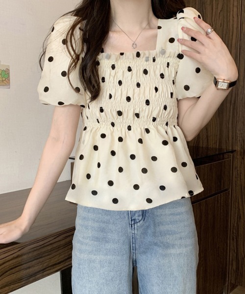 Miniministore(ミニミニストア)の「ドット柄シャーリングブラウス レディース(シャツ/ブラウス・レディース・イエロー×グリーン/アイボリー/ライトカーキ・FREE)」の15枚目の写真