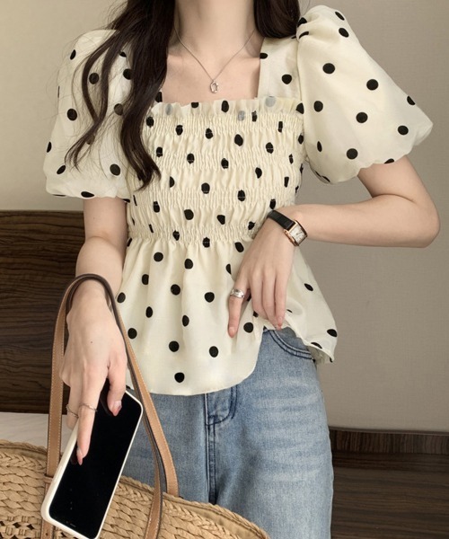 Miniministore(ミニミニストア)の「ドット柄シャーリングブラウス レディース(シャツ/ブラウス・レディース・イエロー×グリーン/アイボリー/ライトカーキ・FREE)」の16枚目の写真