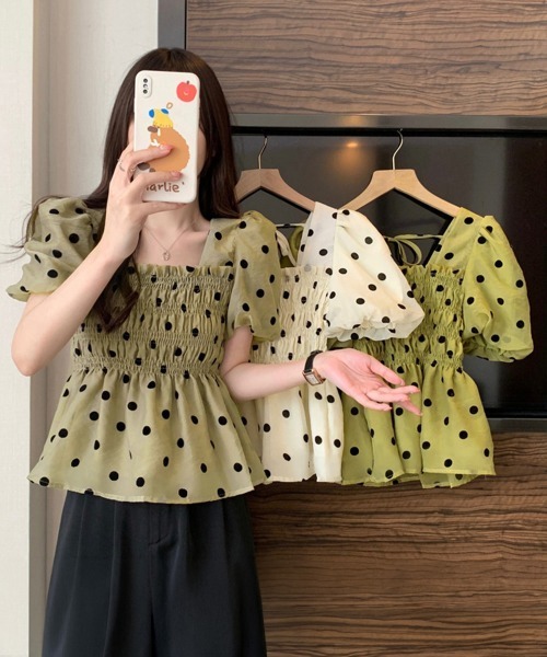 Miniministore(ミニミニストア)の「ドット柄シャーリングブラウス レディース(シャツ/ブラウス・レディース・イエロー×グリーン/アイボリー/ライトカーキ・FREE)」の21枚目の写真