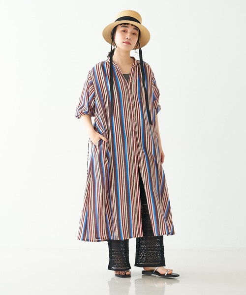 collex(コレックス)の「ブロックプリント ユラギストライプ 2WAYワンピース(ワンピース・レディース・セージグリーン/ダークブラウン・フリー)」の16枚目の写真