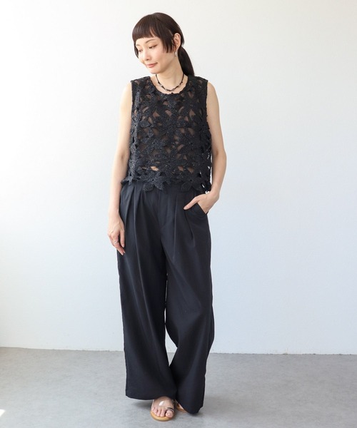 Three Four Time（ｽﾘｰﾌｫｰﾀｲﾑ）の「カギ編み箔フラワーモチーフレースベスト（ベスト・レディース・ブラック/ベージュ・ONE SIZE）」の7枚目の写真