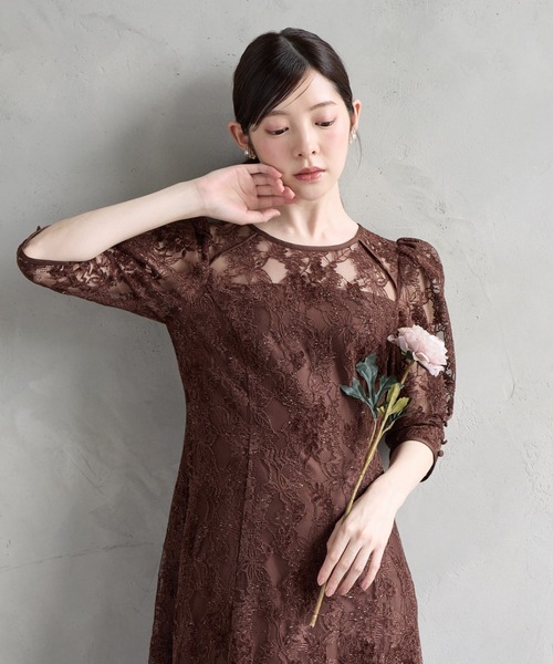 AIMER(エメ)の「ラメモールレース七分袖パネルラインフレアパーティードレス 結婚式 お呼ばれ ドレス 20代 30代(ドレス・レディース・グリーン/チャコールグレー/ベージュ/ブラウン・SMALL/MEDIUM/LARGE)」の5枚目の写真