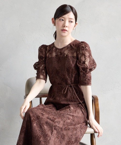 AIMER(エメ)の「ラメモールレース七分袖パネルラインフレアパーティードレス 結婚式 お呼ばれ ドレス 20代 30代(ドレス・レディース・グリーン/チャコールグレー/ベージュ/ブラウン・SMALL/MEDIUM/LARGE)」の6枚目の写真