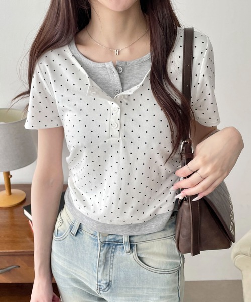 WEGO(ウィゴー)の「WEGO/ヘンリーネックレイヤードT(Tシャツ/カットソー・レディース・ネイビー/杢グレー/ピンク/その他1/ダークグレー・FREE)」の5枚目の写真