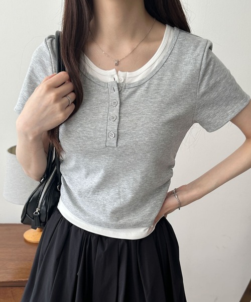 WEGO(ウィゴー)の「WEGO/ヘンリーネックレイヤードT(Tシャツ/カットソー・レディース・ネイビー/杢グレー/ピンク/その他1/ダークグレー・FREE)」の2枚目の写真
