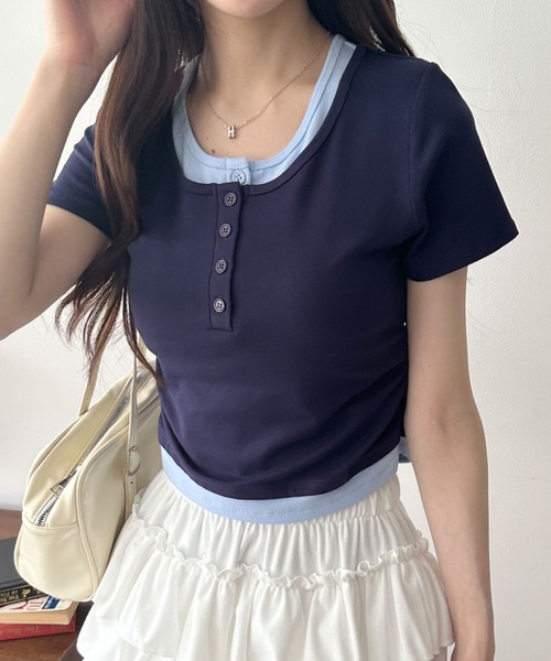 WEGO(ウィゴー)の「WEGO/ヘンリーネックレイヤードT(Tシャツ/カットソー・レディース・ネイビー/杢グレー/ピンク/その他1/ダークグレー・FREE)」の3枚目の写真