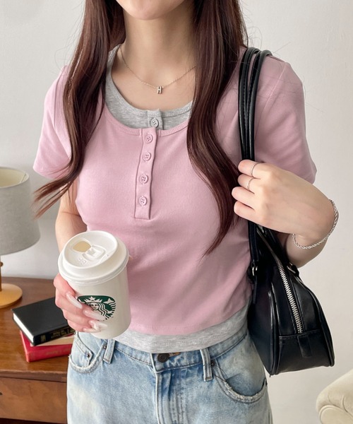 WEGO(ウィゴー)の「WEGO/ヘンリーネックレイヤードT(Tシャツ/カットソー・レディース・ネイビー/杢グレー/ピンク/その他1/ダークグレー・FREE)」の4枚目の写真