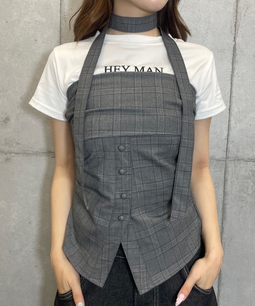 ROGER AND RAW(ロジャーアンドロウ)の「チョーカータイ付 チェックベアビスチェ(シャツ/ブラウス・レディース・ブラウン/グレー・FREE)」の1枚目の写真