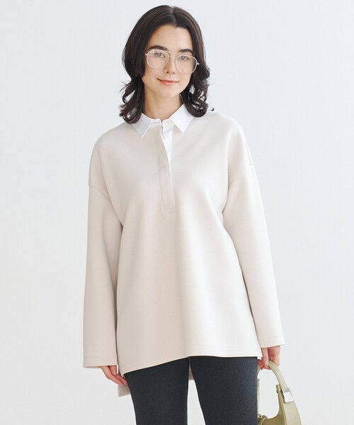 UNFILO(アンフィーロ)の「BEAUTY FORM JERSEY ラガーシャツ(スウェット・レディース・ベージュ系/ネイビー系・SMALL/MEDIUM)」の4枚目の写真