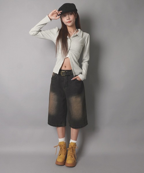 SPINNS(スピンズ)の「長袖シャツカットソー/ボーダー/韓国ガーリー(シャツ/ブラウス・レディース・ブラウン系/サックスブルー系/グレー系・ONESIZE)」の8枚目の写真