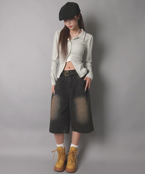 SPINNS(スピンズ)の「長袖シャツカットソー/ボーダー/韓国ガーリー(シャツ/ブラウス・レディース・ブラウン系/サックスブルー系/グレー系・ONESIZE)」の11枚目の写真