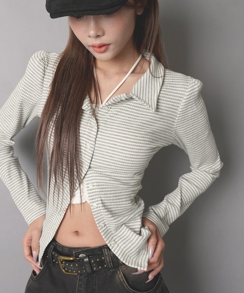 SPINNS(スピンズ)の「長袖シャツカットソー/ボーダー/韓国ガーリー(シャツ/ブラウス・レディース・ブラウン系/サックスブルー系/グレー系・ONESIZE)」の7枚目の写真